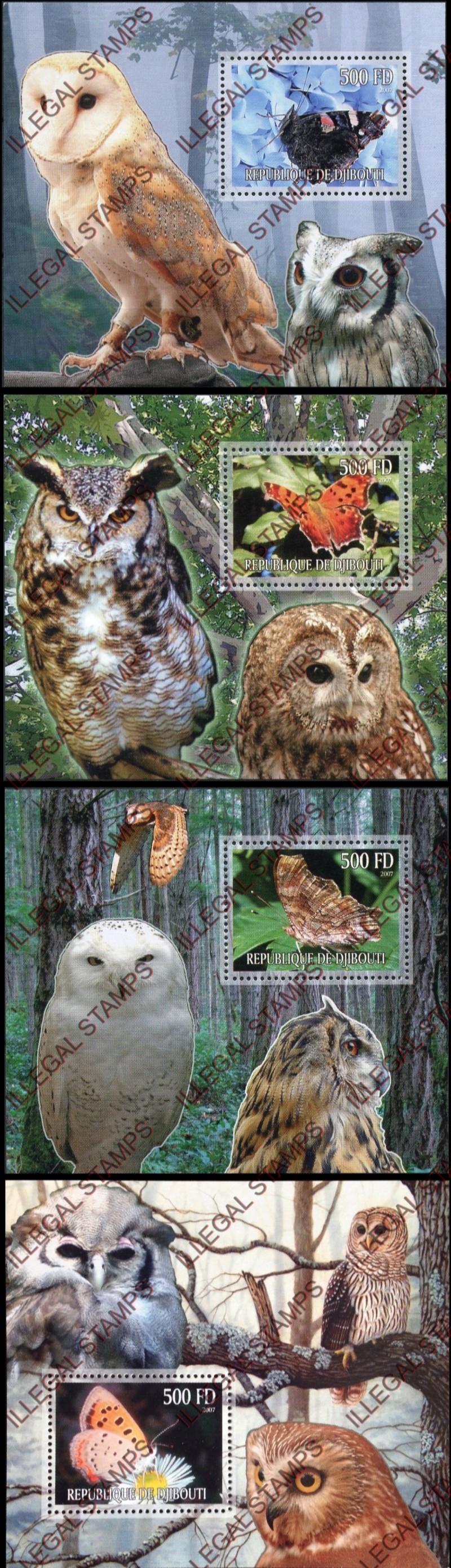 Djibouti 2007 Owls and Butterflies Illegal Stamp Souvenir Sheets of 1