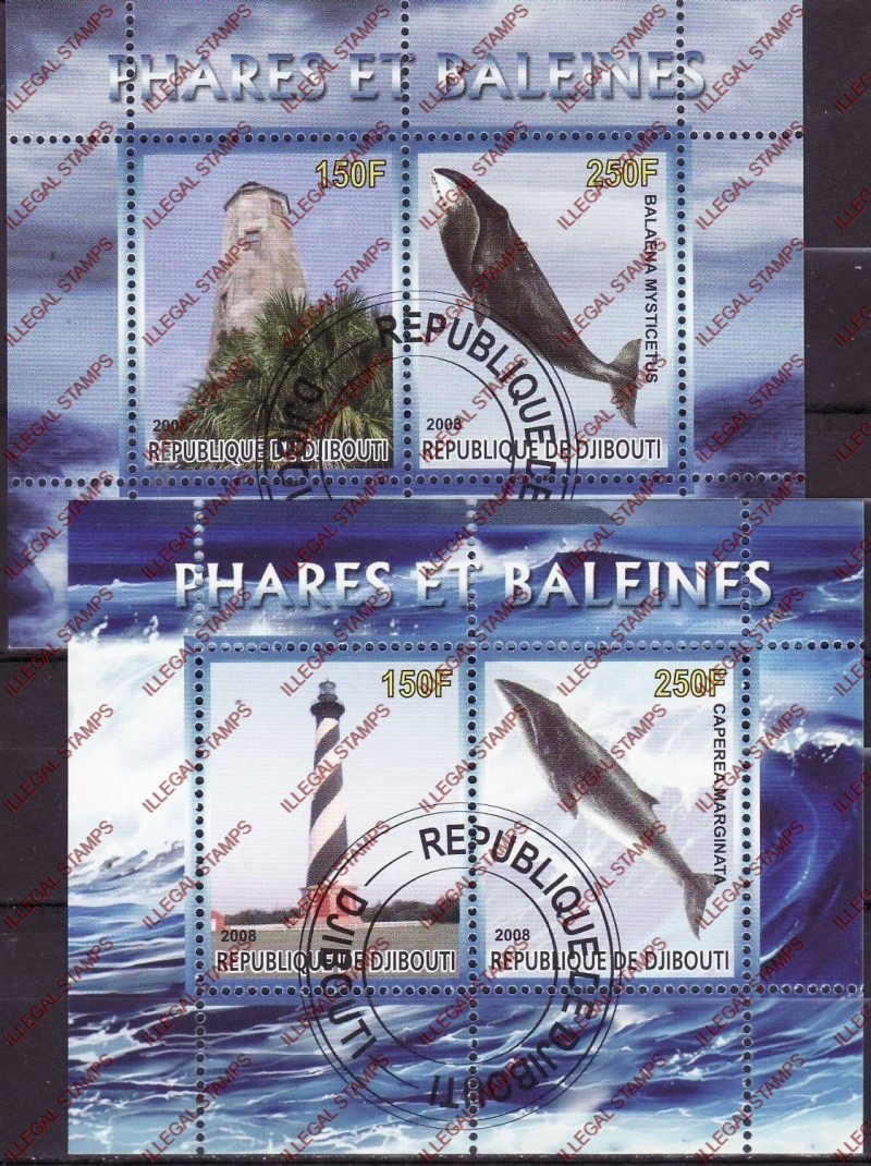 Djibouti 2008 Lighthouses and Whales Illegal Stamp Souvenir Sheets of 2