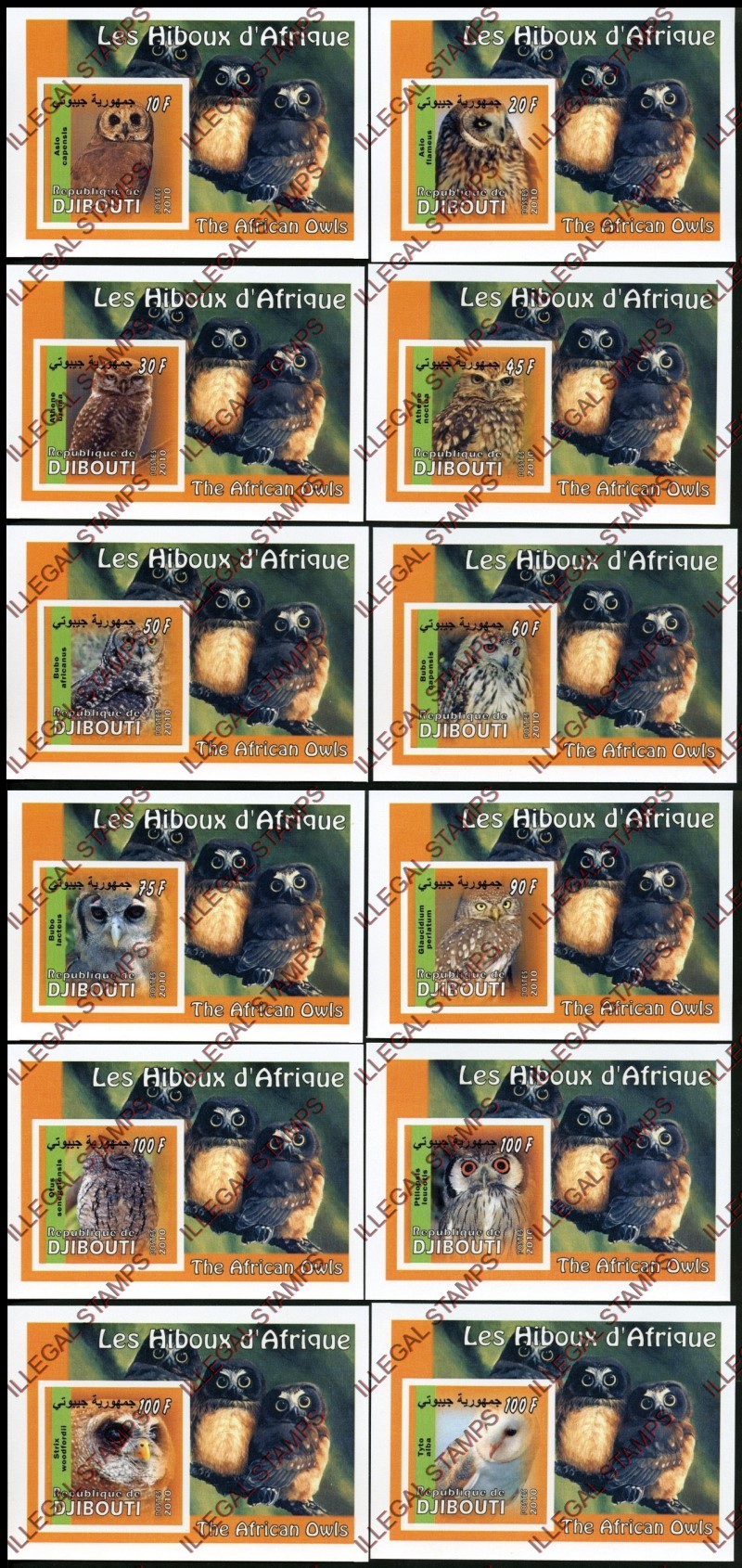 Djibouti 2010 Owls Illegal Stamp Souvenir Sheets of 1