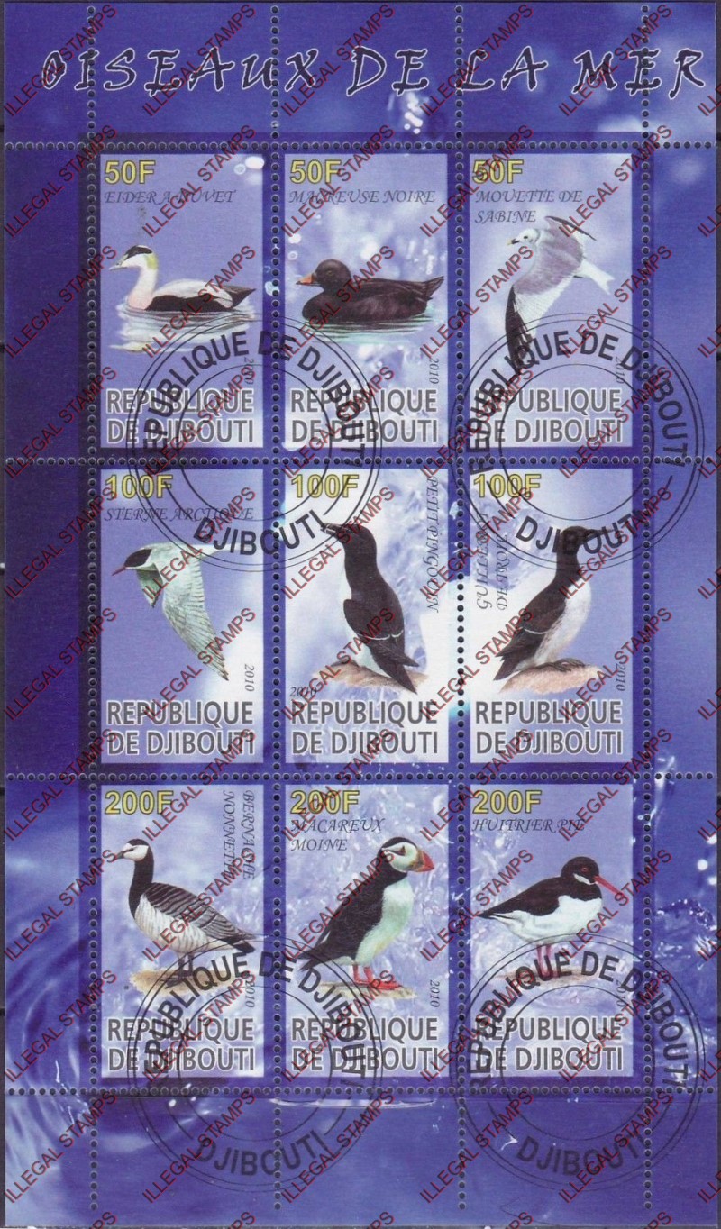 Djibouti 2010 Sea Birds Illegal Stamp Sheetlet of 9