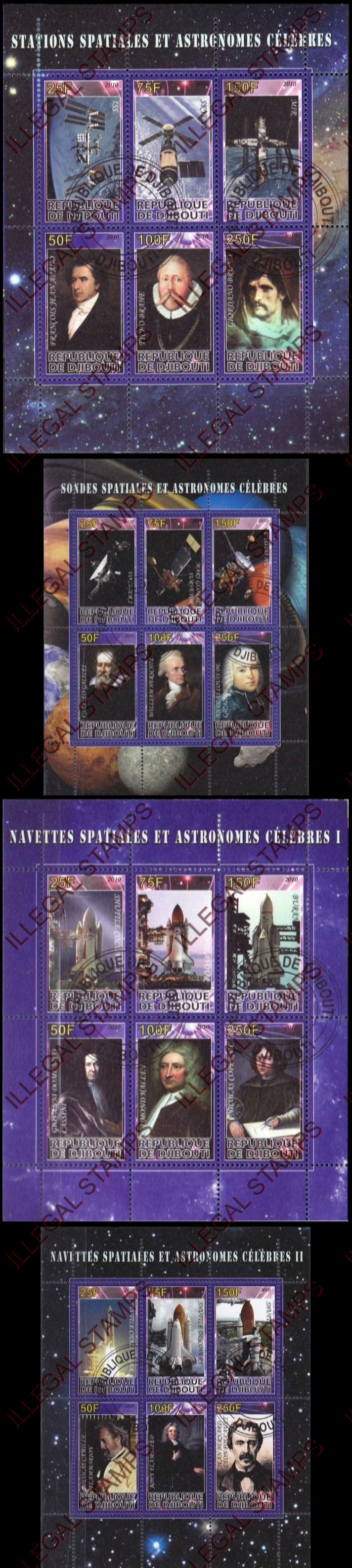 Djibouti 2010 Spacecraft and Astronomers Illegal Stamp Sheetlets of 6