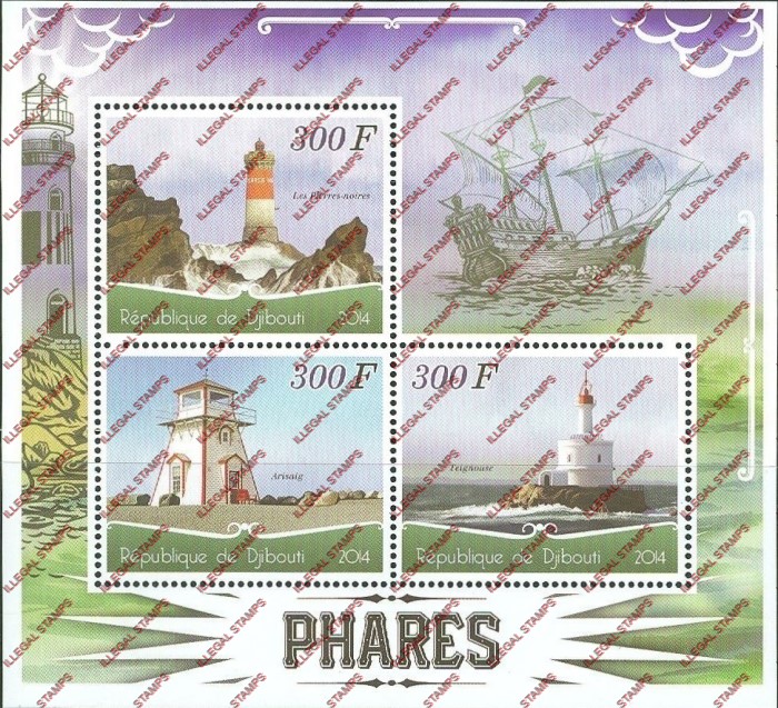 Djibouti 2014 Lighthouses Illegal Stamp Souvenir Sheet of 3