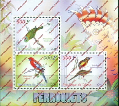 Djibouti 2014 Parrots Illegal Stamp Souvenir Sheet of 3