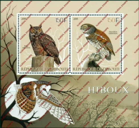 Djibouti 2015 Owls Illegal Stamp Souvenir Sheet of 2
