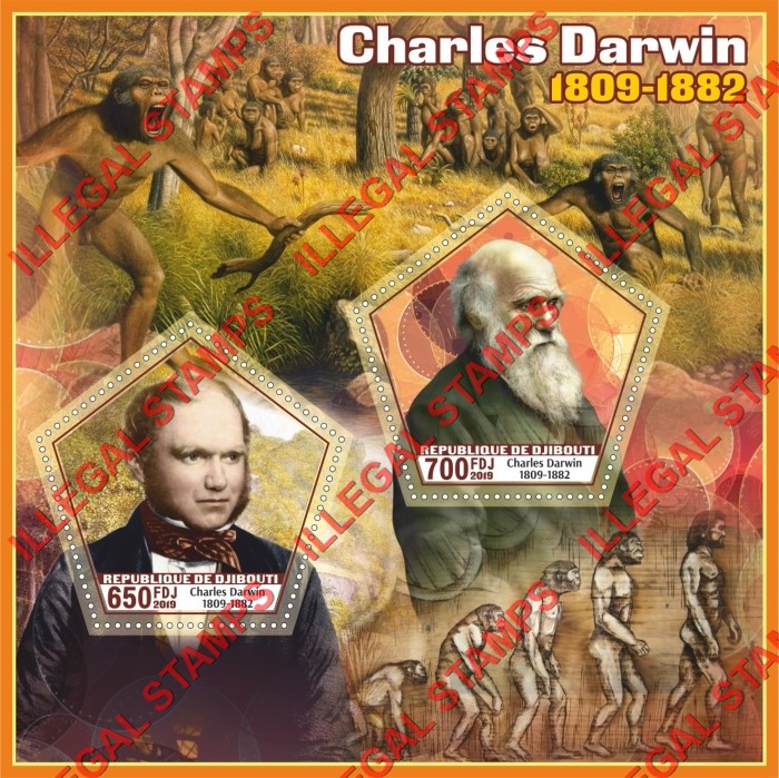 Djibouti 2019 Charles Darwin and Prehistoric Man Illegal Stamp Souvenir Sheet of 2
