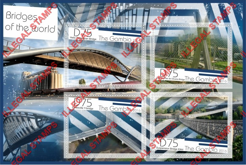 Gambia 2016 Bridges of the World Illegal Stamp Souvenir Sheet of 4