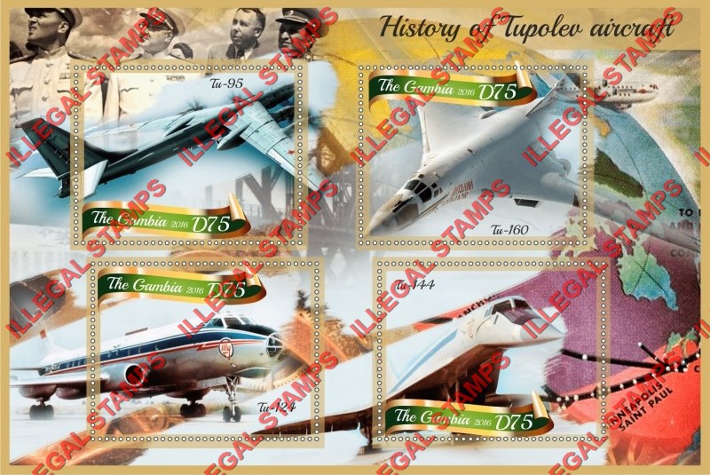 Gambia 2016 History of Tupolev Aircraft Illegal Stamp Souvenir Sheet of 4