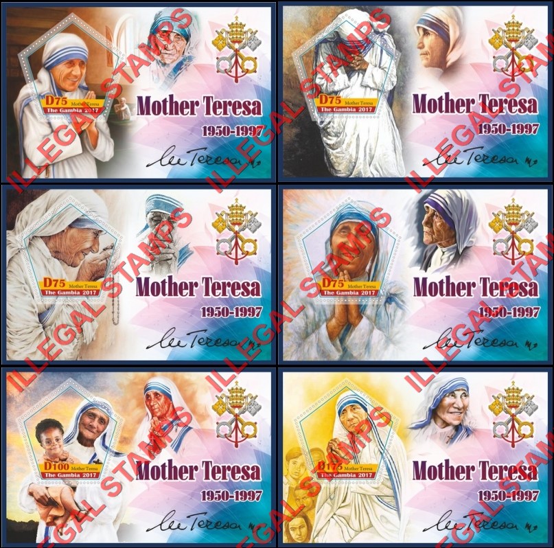 Gambia 2017 Mother Teresa Illegal Stamp Souvenir Sheets of 1