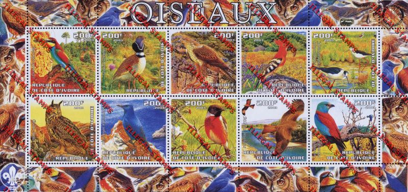 Ivory coast 2003 Owls Oiseaux with Scouts and Rotary Emblems Illegal Stamp Sheetlet of Ten