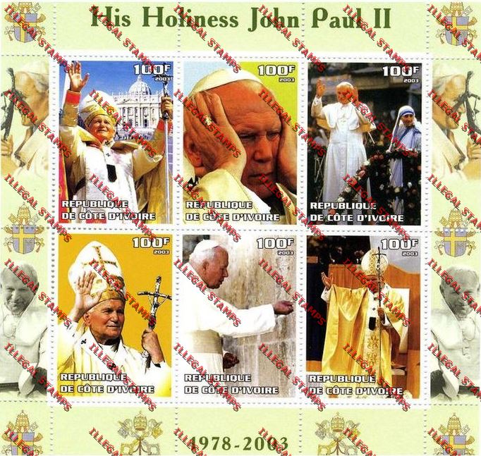 Ivory coast 2003 Pope John Paul II Titled His Holiness Illegal Stamp Sheetlet of Six