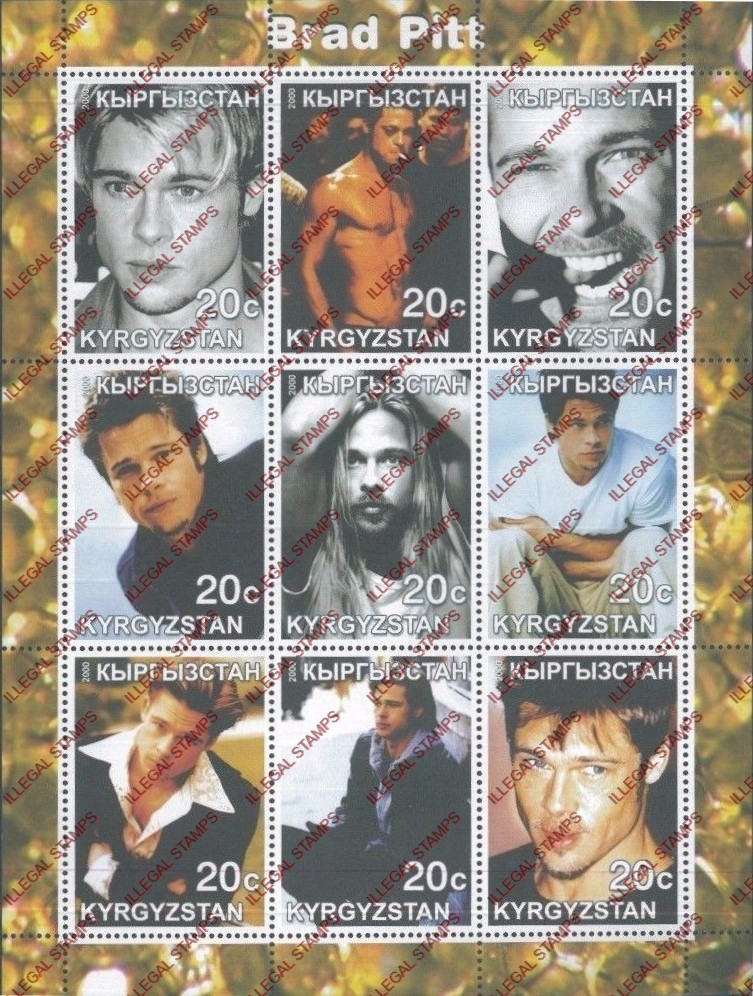 Kyrgyzstan 2000 Brad Pitt Illegal Stamp Sheetlet of Nine