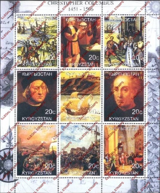 Kyrgyzstan 2000 Christopher Columbus Illegal Stamp Sheetlet of Nine