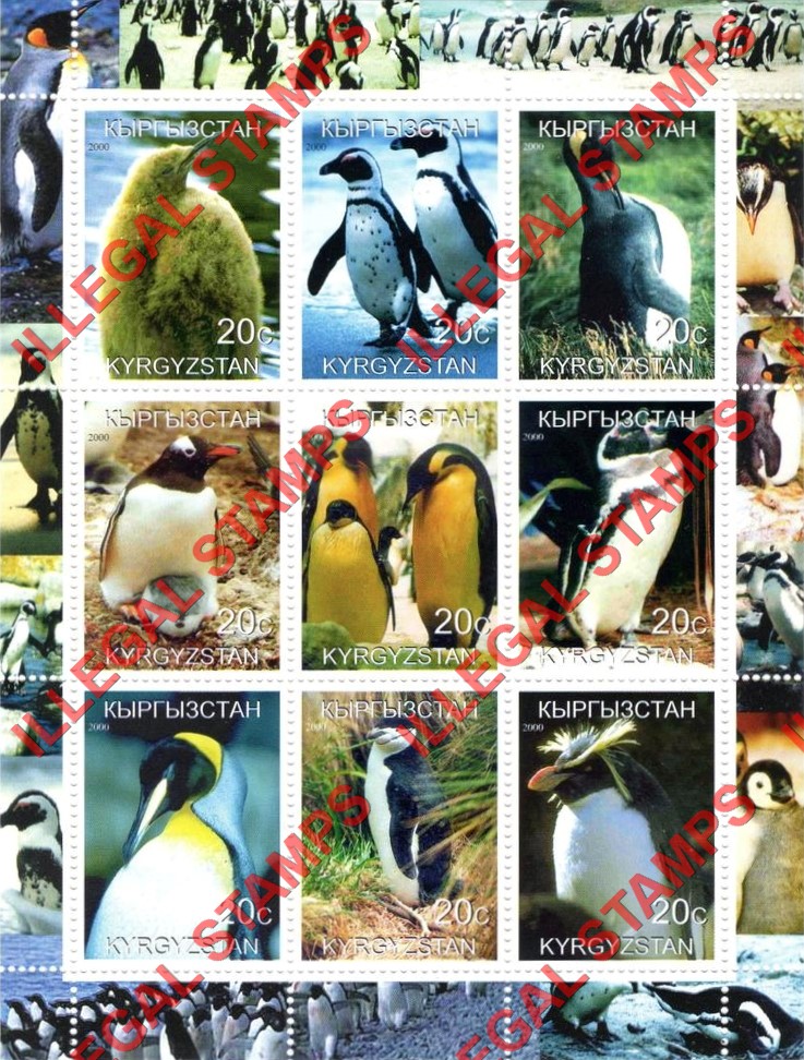 Kyrgyzstan 2000 Penguins Illegal Stamp Sheetlet of Nine