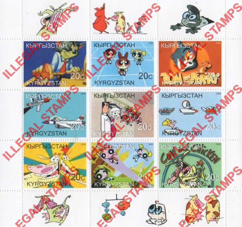 Kyrgyzstan 2000 Tom and Jerry Cartoons Illegal Stamp Sheetlet of Nine