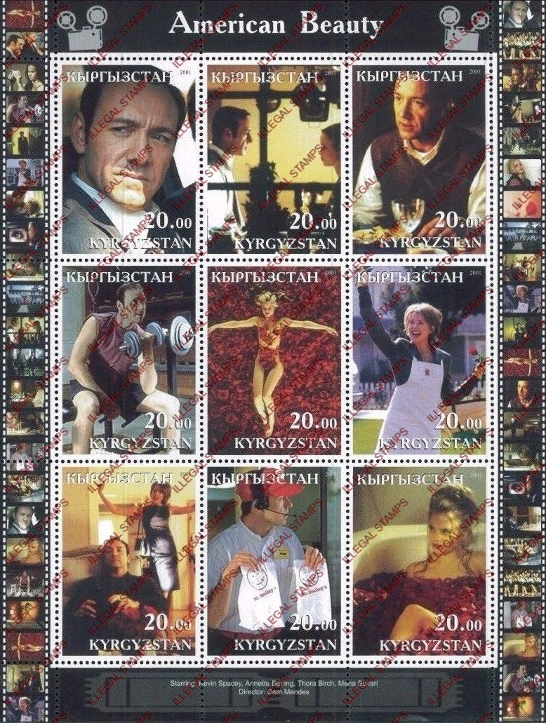 Kyrgyzstan 2001 American Beauty Illegal Stamp Sheetlet of Nine