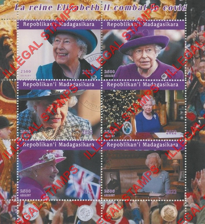 Madagascar 2022 Queen Elizabeth II Combat with Covid Illegal Stamp Souvenir Sheet of 6