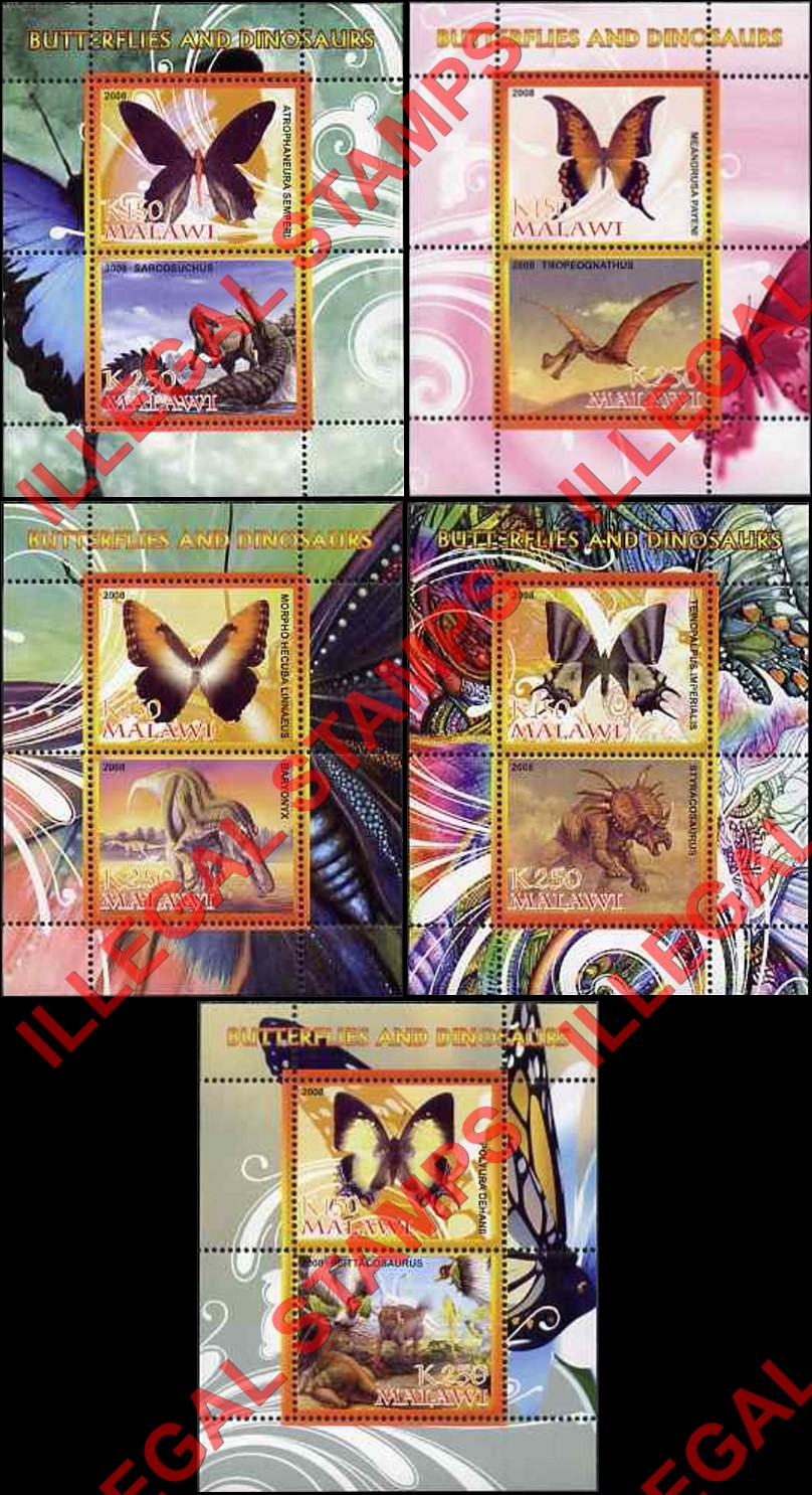 Malawi 2008 Butterflies and Dinosaurs Illegal Stamp Souvenir Sheets of 2 (Part 2)