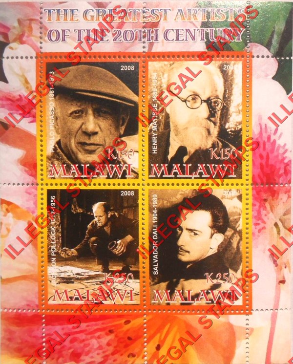 Malawi 2008 Greatest Artists Illegal Stamp Souvenir Sheet of 4