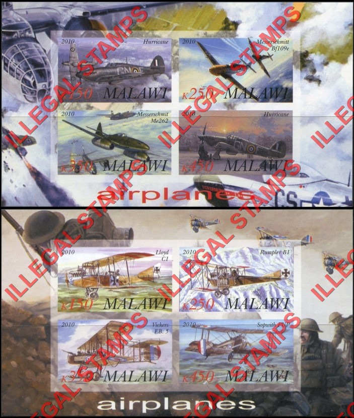 Malawi 2010 Airplanes Illegal Stamp Souvenir Sheets of 4