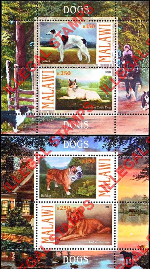 Malawi 2010 Dogs Illegal Stamp Souvenir Sheets of 2 (Part 1)