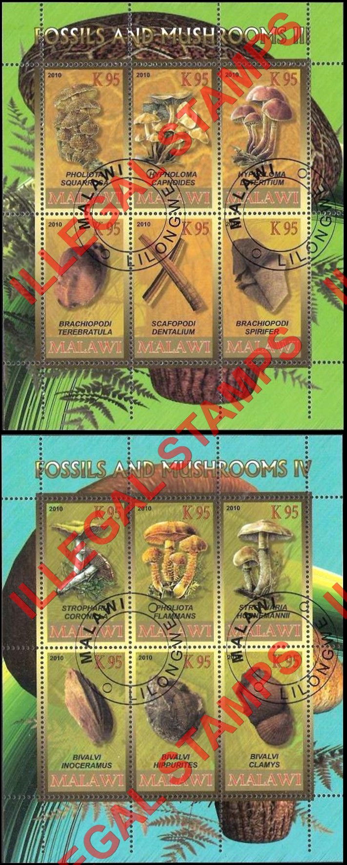 Malawi 2010 Fossils and Mushrooms Illegal Stamp Souvenir Sheets of 6 (Part 2)
