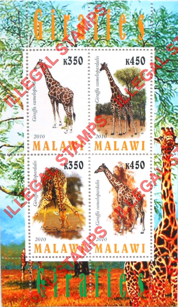 Malawi 2010 Giraffes Illegal Stamp Souvenir Sheet of 4