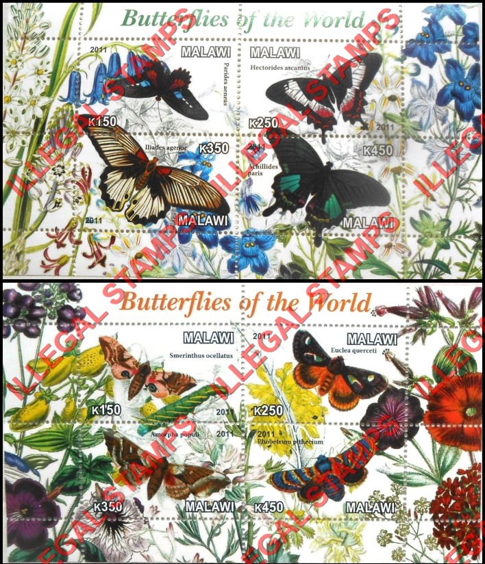 Malawi 2011 Butterflies of the World Illegal Stamp Souvenir Sheets of 4