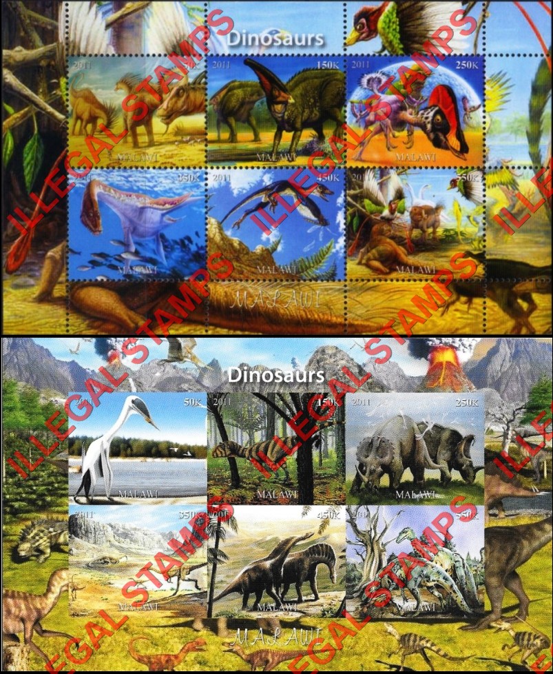 Malawi 2011 Dinosaurs Illegal Stamp Souvenir Sheets of 6 (Part 1)