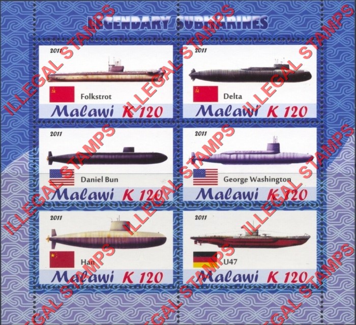 Malawi 2011 Submarines Illegal Stamp Souvenir Sheet of 6