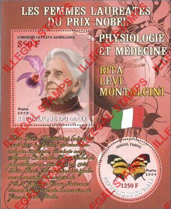 Mali 2009 Female Nobel Prize Winner for Physiology and Medicine Rita Levi Montalcini and Butterfly Illegal Stamp Souvenir Sheet of 2