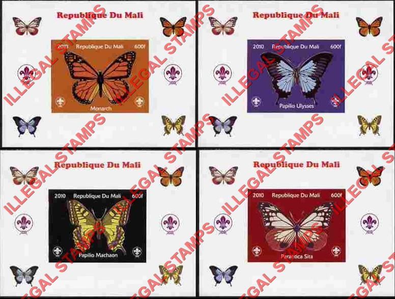 Mali 2010 Butterflies and Scouts Logo Illegal Stamp Souvenir Sheets of 1