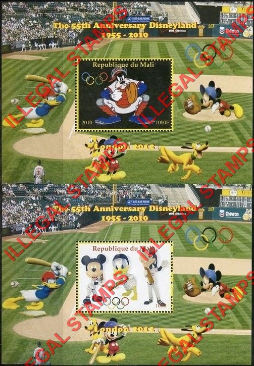 Mali 2010 Disney Baseball Illegal Stamp Souvenir Sheets of 1 (Part 1)