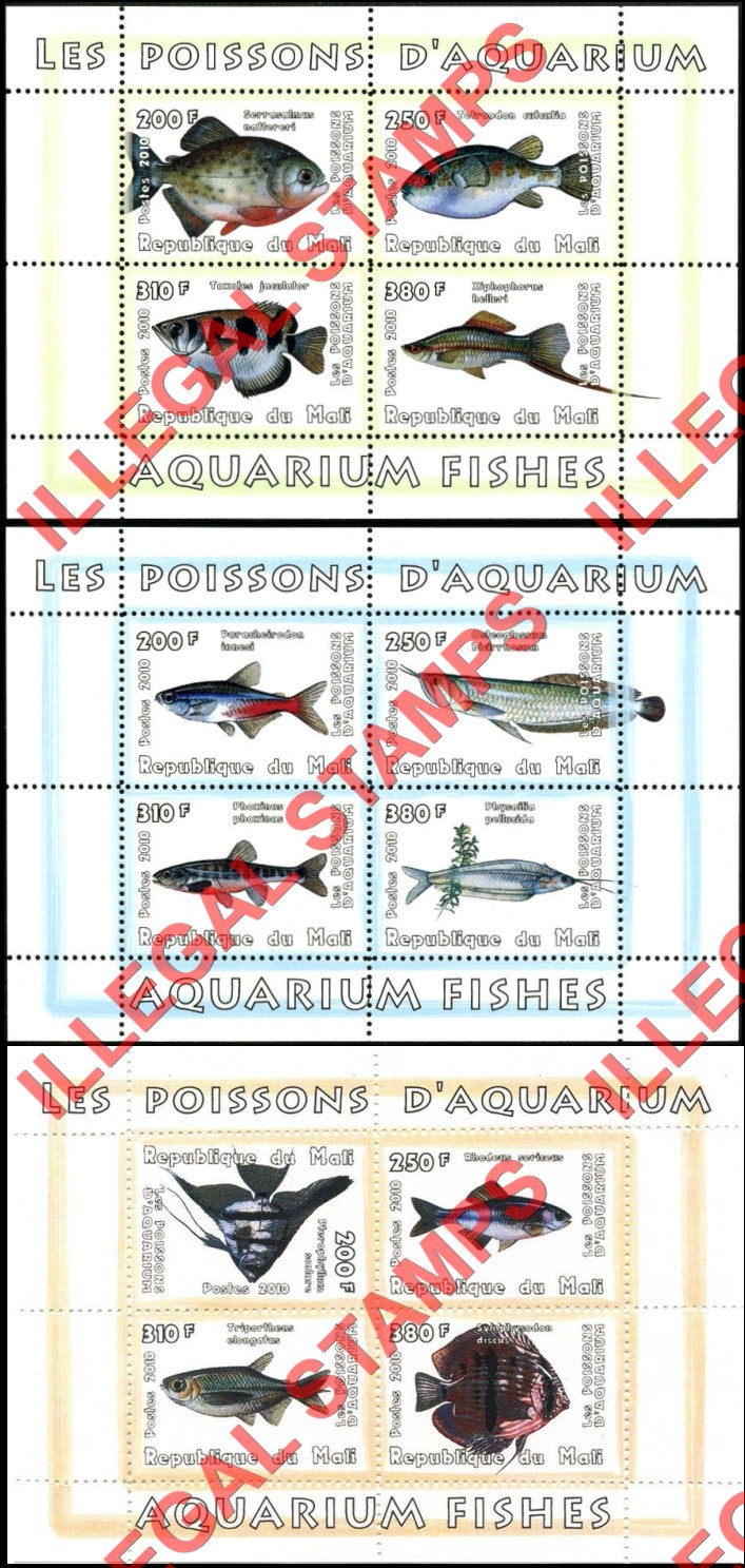Mali 2010 Fish Aquarium Illegal Stamp Souvenir Sheets of 4 (Part 1)