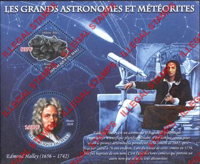 Mali 2010 Space Astronomers and Meteorites Edmond Halley Illegal Stamp Souvenir Sheet of 2