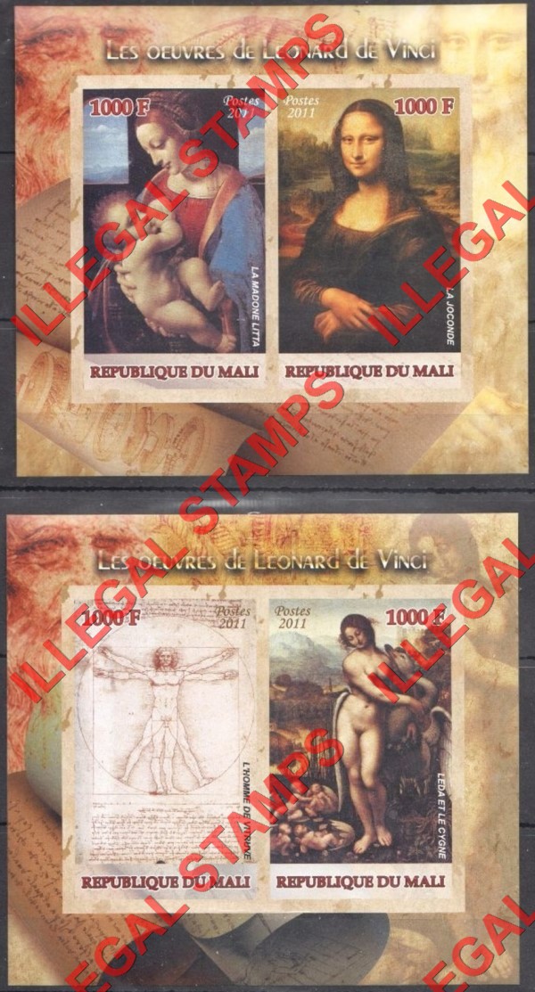 Mali 2011 Paintings Leonard de Vinci Illegal Stamp Souvenir Sheets of 2