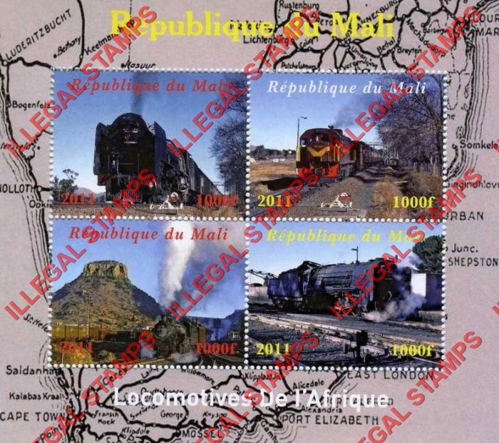 Mali 2011 Trains in Africa Illegal Stamp Souvenir Sheet of 4