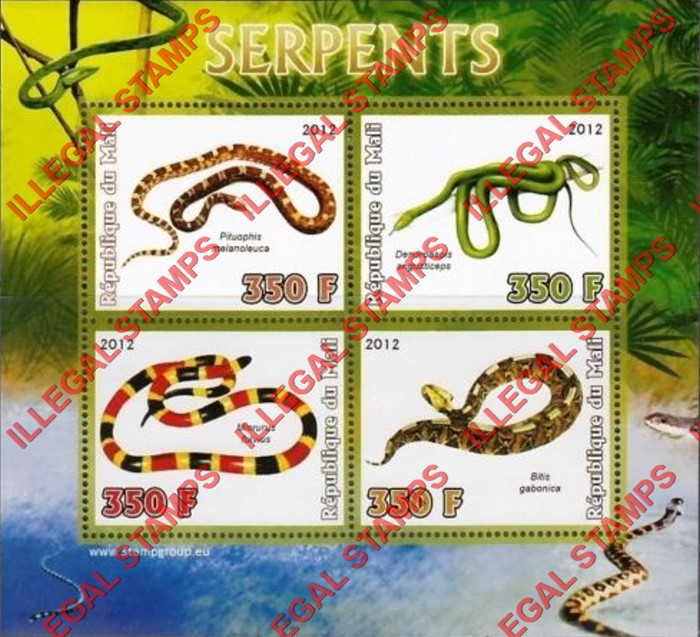 Mali 2012 Snakes Serpents Illegal Stamp Souvenir Sheet of 4