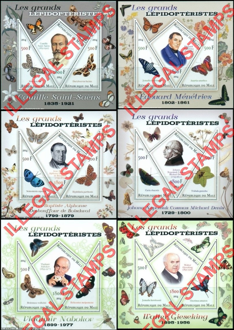 Mali 2014 Lepidopterists and Butterflies Illegal Stamp Souvenir Sheets of 3