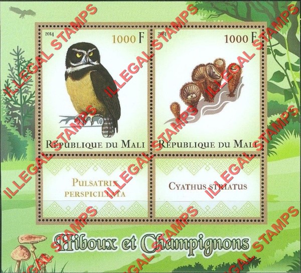 Mali 2014 Owls and Mushrooms Illegal Stamp Souvenir Sheet of 2