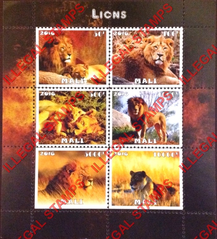 Mali 2016 Lions Illegal Stamp Souvenir Sheets of 6 (Part 2)