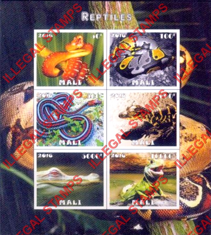 Mali 2016 Reptiles Illegal Stamp Souvenir Sheet of 6