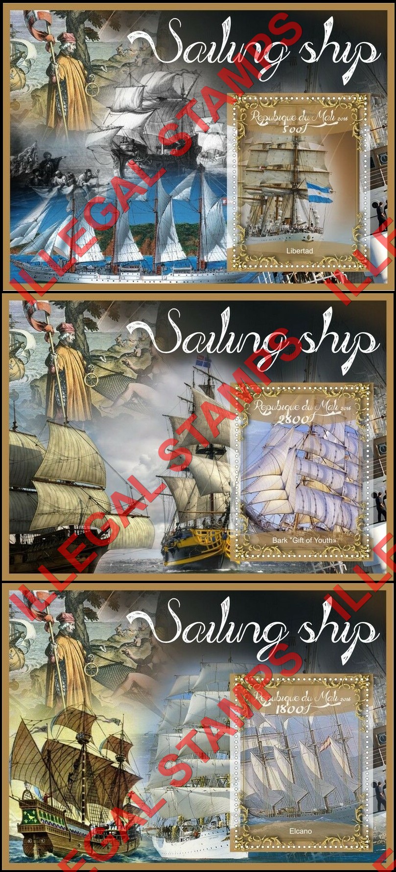 Mali 2016 Sailing Ships Illegal Stamp Souvenir Sheets of 1 (Part 1)