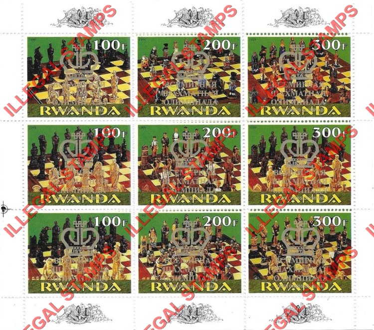 Rwanda 1999 Chess with Crown Overprint and Russian Inscriptions Illegal Stamp Souvenir Sheetlet of Nine