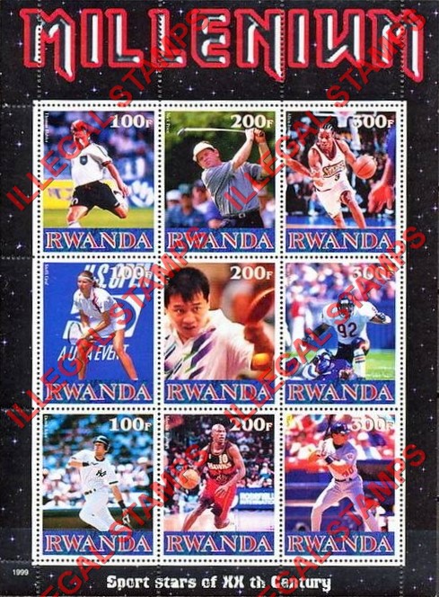 Rwanda 1999 Millenium Sports Stars Illegal Stamp Sheet of Nine