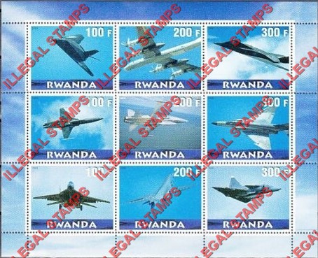 Rwanda 2000 Aircraft Fighter Jets Illegal Stamp Sheet of Nine