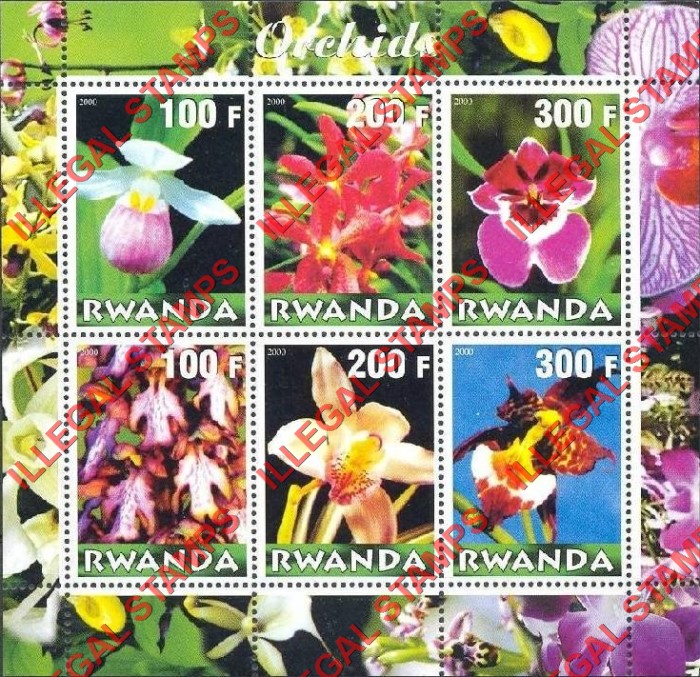 Rwanda 2000 Orchids Illegal Stamp Souvenir Sheet of Six