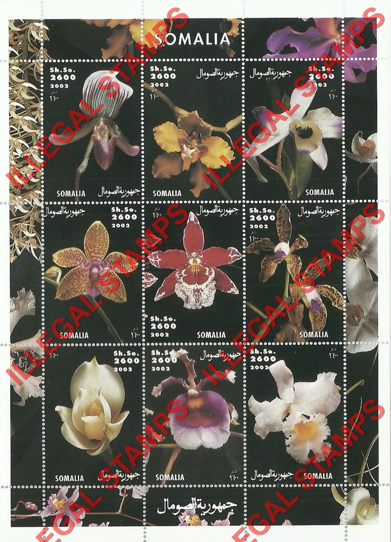 Somalia 2002 Orchids Illegal Stamp Souvenir Sheet of 9 (Sheet 1)