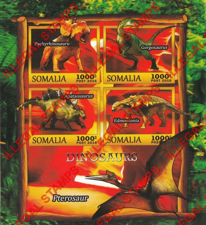 Somalia 2016 Dinosaurs Illegal Stamp Souvenir Sheet of 4