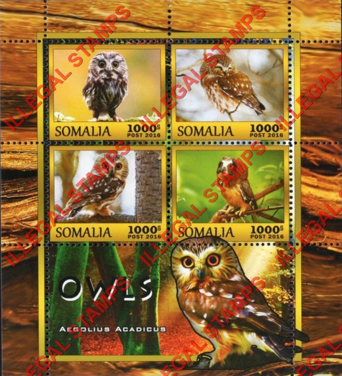 Somalia 2016 Owls Illegal Stamp Souvenir Sheet of 4