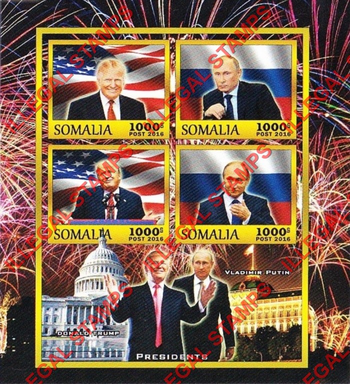 Somalia 2016 Trump and Putin Illegal Stamp Souvenir Sheet of 4